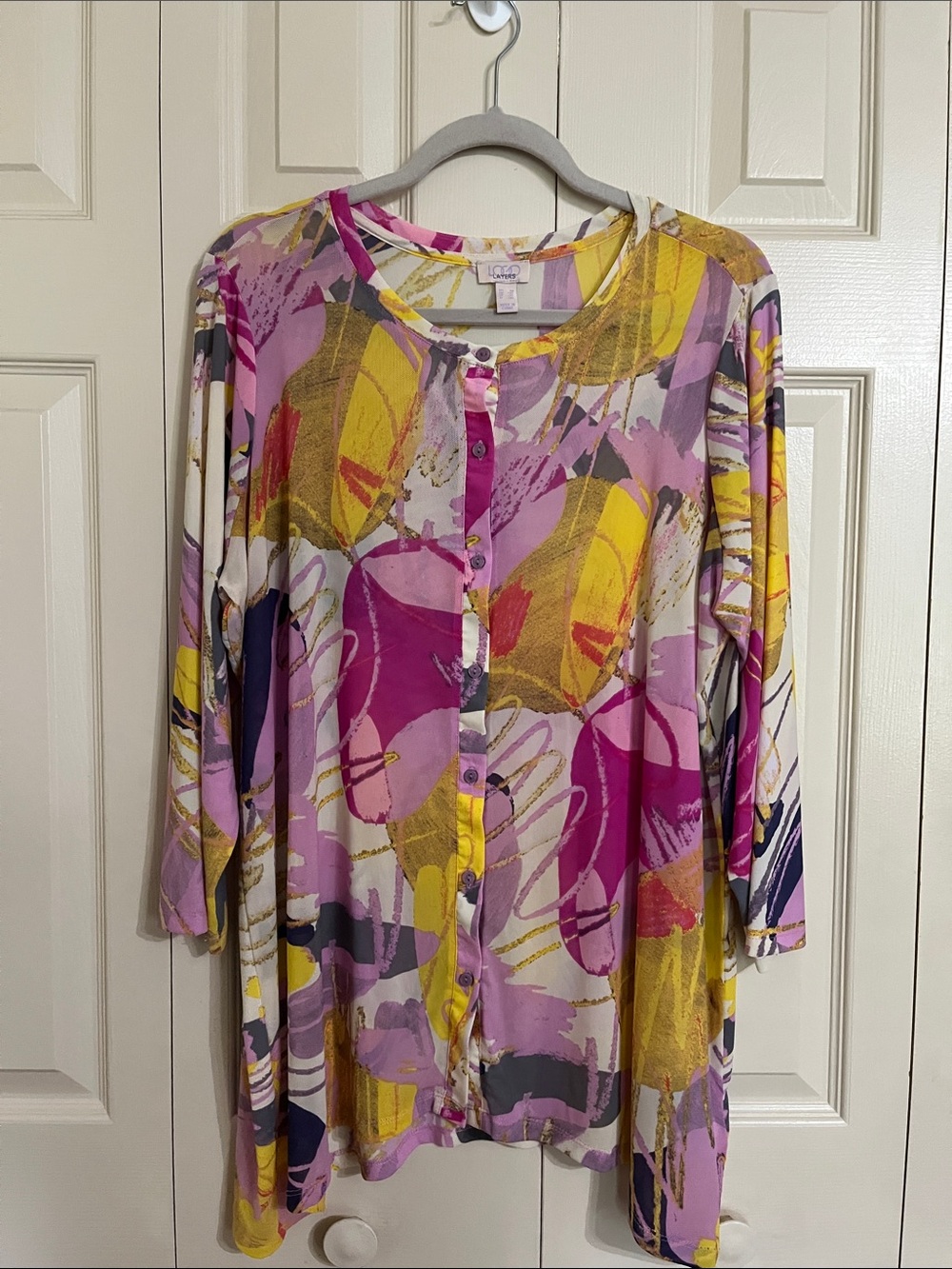 Abstract Print Button-Front Shirt - Multicolor (Pink, Yellow, Cream)